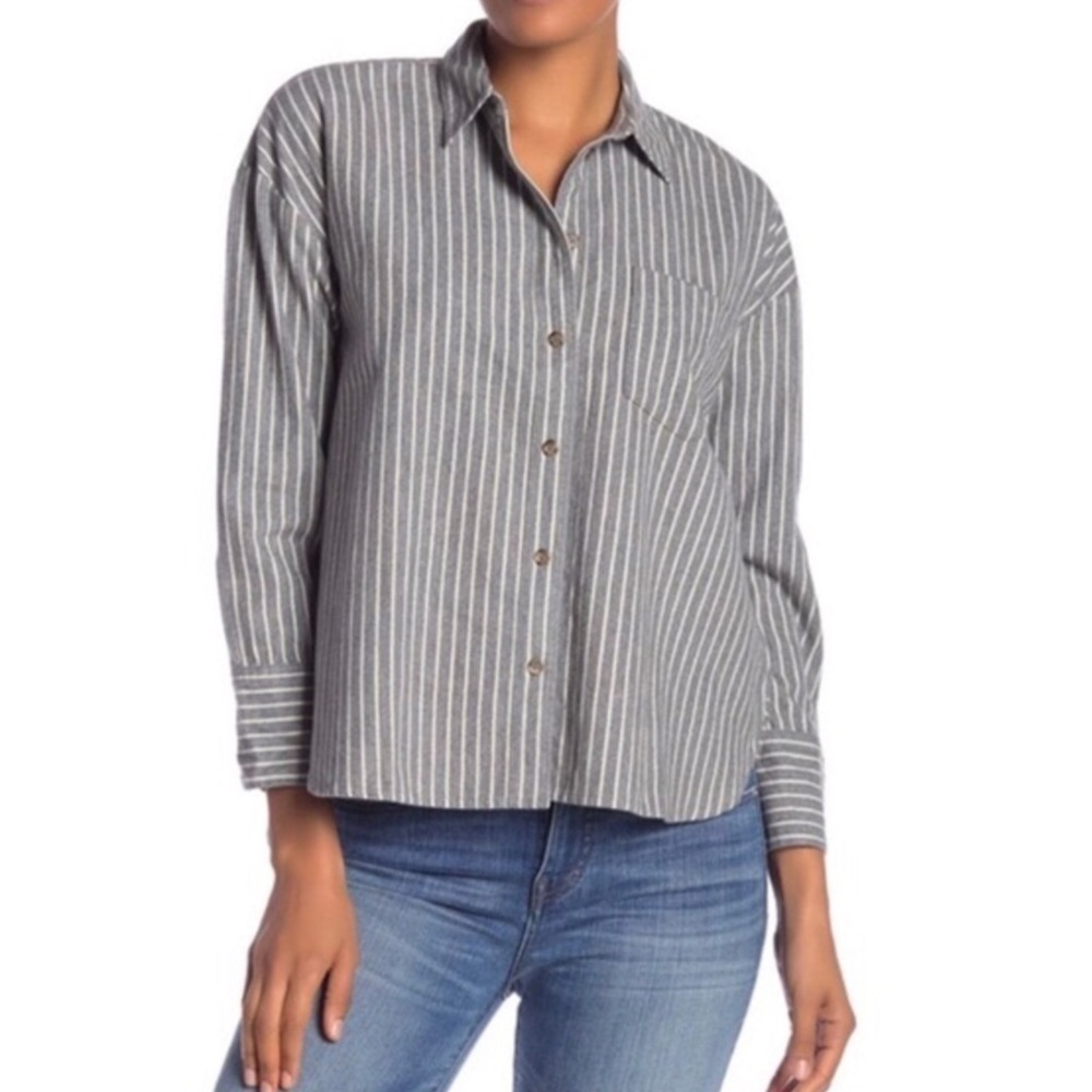 Madewell Westward Gray White Stripe Flannel Long Sleeve Button Front Shirt